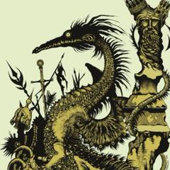 icon of two-toned black and green dragon, reclining on swords